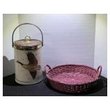 Vintage covered ice bucket, also includes a shallow woven basket, see pictures for details.