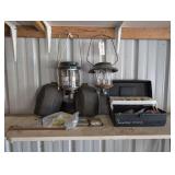 ALL ITEMS ON SHELF MARKED 9008 INCLUDING PROPANE CANISTER LANTERNS, KNEE PADS, GEORGE DICKEL TACKLE BOX WITH TACKLE, AND MORE