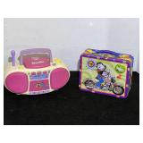 Vintage Barbie Dance With Me Talking Boombox, does have one cassette, no CD, working condition unknown, also comes with a collectible Betty Boop lunchbox, see pictures for details.