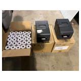 Epson receipt printers, set of two, working condition unknown, also comes with a box of receipt paper rolls, see pictures for details.