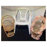 Woven doll chairs, also includes a small child’s plastic chair, three pieces total, see pictures for details.