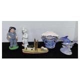 Iridescent dolphin figurine, and trinket holder, wooden trawler replica and more. See pictures for details.