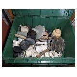 FLIP TOP STORAGE BIN AND CONTENTS INCLUDING TROLLING MOTOR PROPELLER, PLUMBING PARTS, AND MORE
