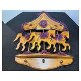 Vintage wooden carousel horse curio shelf or coat hanger, comes with matching candle holder sconces, see pictures for details.