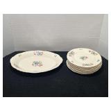 Vintage O. P. Co. Syracuse China Federal Shape salad plates and platter with floral motif, approximately seven pieces, see pictures for details.