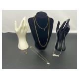 Assorted ladies fashion jewelry necklaces, and one bracelet. Five pieces total, the nameplate necklace clasp is stamped 925, see pictures for details.