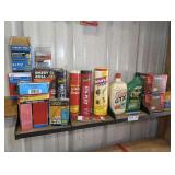 ITEMS ON MIDDLE SHELF MARKED 9019 INCLUDING HARDWARE, GREASE TUBES, OIL, DECKING VERSA CLIPS, AND MORE