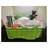 Mystery lot of assorted household items to include Domino’s, plastic party trays, game day bear, vintage sifter, stencil art, and more. See pictures for details.