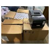 Epson receipt printer, working condition unknown, comes with two boxes of receipt paper rolls, see pictures for details.