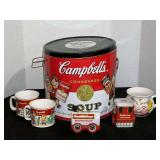 Campbells soup memorabilia, includes a large collector tin, soup cups, and “train” tin, see pictures for details.