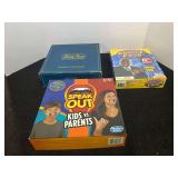Trivial Pursuit, Family Feud( has never been opened), and Speak-Out games, three pieces, please inspect as there is no guarantee all parts are there, see pictures for details.