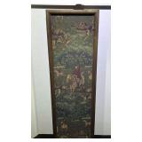 Vintage framed tapestry depicting a hunting scene. See pictures for details.