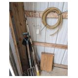 ALL ITEMS IN GARAGE FRONT CORNER MARKED 9120 INCLUDING FLEXIBLE TUBING, PITCHFORK, BROOM, TALL GARDEN STAKES, AND MORE