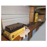 ALL ITEMS ON SHELF MARKED 9130 INCLUDING .38 SPECIAL SHELL CASINGS FOR RELOADING, WIRE BRUSH, FILE, TILE, BLACK & DECKER MOUSE PALM SANDER WITH ORIGINAL BOX, AND MORE
