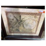 Framed Art Print - Old World Explorer Map, frame needs repair, see pictures for details.