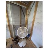 ALL ITEMS IN CORNER MARKED 9126 INCLUDING PROPANE FISH COOKER, OUTDOOR UMBRELLAS, CLEAR PLASTIC TUBING, LASKO OSCILLATING FAN, DOOR SCREEN, VINTAGE GARDEN WEED EDGER, AND MORE