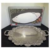 Silver plated oval vanity mirrored tray, comes in original box, also includes an ornate, footed, formal serveware tray, see pictures for details.