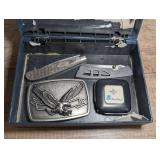 VINTAGE POCKET KNIVES, BALD EAGLE MOTIF BELT BUCKLE, VINTAGE ADVERTISING TAPE MEASURE