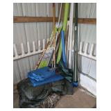 ALL ITEMS IN GARAGE CORNER MARKED 9112 INCLUDING PVC PIPE, 4-FT LED T8 BULBS, TARPS, CULTIVATOR FORK, AND MORE