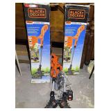 Black & Decker 20 V cordless weedeater, set of two, comes with one charger and one battery for both pieces, working condition unknown, both come with original boxes, see pictures for details.