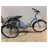 Schwinn adult tricycle with basket, front wheel and fender is bent and may need replacing, see pictures for details.