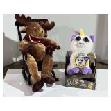 Dan Dee animated Christmas moose plush in a rocking chair that sings the song "Grandma Got Run Over by a Reindeer", working condition unknown, also includes a Feisty Pets “Glenda Glitterpoop”, see