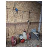 ALL ITEMS ON AND ON THE GROUND BENEATH BARN WALL MARKED 9190 INCLUDING GAS CANS, OIL CATCH CAN, FUNNEL, NAILS, AND MORE