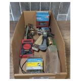 TOOLS AND HARDWARE INCLUDING MULTIMETER, PROPANE TORCH HEAD, STEP DOWN DRILL BITS, STUBBY HAMMER, VINTAGE FOLDING RULER, TIRE PRESSURE GAUGE, BRASS QUICK CONNECTOR, AND MORE