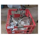 CRATE FILLED WITH FOUR CLAMP-ON SHOP LIGHTS