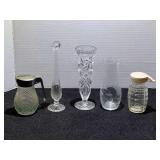 Lovely bud vases, believed to be Bohemian Crystal, clear glass swung vase, and etched floral design vase. also includes a syrup dispenser and sugar dispenser, see pictures for details.