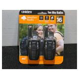Uniden two-way weather radios with USB charger. Package of two, still unopened, working condition unknown, see pictures for details.
