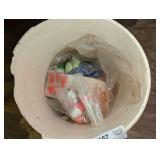 BUCKET FILLED WITH FISHING ACCESSORIES, LURES, AND LURE PARTS