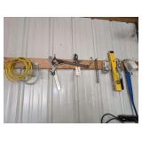 ALL ITEMS HANGING ON TOP BOARD AREA MARKED 9024 INCLUDING HARDWARE, C-CLAMP, RIVET GUN, LEVEL, SQUARE TOOLS, AND MORE