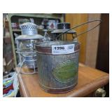 DECORATIVE TIN BUCKET AND PAIR OF OLD RAILROAD LANTERNS INCLUDING ADLAKE