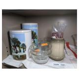 PYREX BOWLS, AVON PORCELAIN KITCHEN CONTAINERS, AND MORE IN SHELF SECTION MARKED 1625