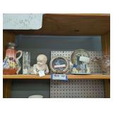 ANTIQUE BISQUE PORCELAIN BABY FIGURINE, OLD HAND-PAINTED SYRUP, VINTAGE CHICAGO MUSICAL SNOW GLOBE, AND MORE ON SHELF MARKED 1632