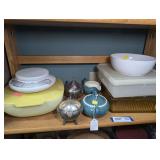 TWO-PIECE KITCHEN SCALES, OLD REFRIGERATOR STORAGE, SILVER PLATE CREAM / SUGAR SET, AND MORE ON SHELF MARKED 1647