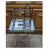 PAIR OF WIRE FRAME WINE BOTTLE HOLDERS AND PORTABLE FOLDING ALUMINUM TABLE WITH REMOVABLE TRAY TOP