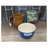 VINTAGE OXFORD STONEWARE SERVING BOWL, DECORATIVE STONEWARE PITCHER, AND 905 HYALYN USA PITCHER
