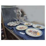 VINTAGE HUMMEL CHRISTMAS PLATES, STAGGERED GLASS VASES, AND MORE IN BOTTOM SHELF AREA MARKED 1683
