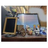 ALL ITEMS ON TOP OF BOOKCASE MARKED 1317 INCLUDING RUSSIAN CHINA, WELCOME WHEELBARROW, CAST IRON ROOSTER MOTIF WIND VANE FIGURE, AND MORE