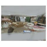 FRUIT MOTIF MILK GLASS DECORATIVE PLATES, MARIGOLD RUFFLE EDGE BOWLS, AND MORE ON UPPER SHELF MARKED 1684