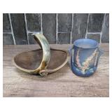 GLAZED CERAMIC BASKET AND ROSEVILLE 4-IN VASE
