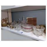 DEPRESSION GLASS STYLE DISHES AND SERVING PIECES ON SHELF MARKED 1509