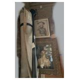 CONTENTS OF FRONT LEFT HAND CORNER FACING STREET INCLUDING OLD CAST IRON BELL WITH 9-FT POST, 8 FT X 10.5 FT AREA RUG, ANTIQUE FRAMED PORTRAIT, ART PRINCE, AND MORE