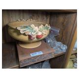 DECORATIVE GLAZED POTTERY FOOTED FRUIT BOWL, CRYSTAL SALT CELLARS, COIN COLLECTING BOOK, AND MORE ON SHELF SECTION MARKED 1533