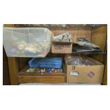 ALL TOYS ON MIDDLE TWO SHELVES MARKED 1394 INCLUDING PEZ DISPENSERS IN NICE GLASS TOP WOOD DISPLAY CASE