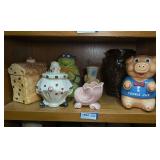 COOKIE JARS AND MORE ON SHELF MARKED 1554 INCLUDING ROYAL COPLEY AND VINTAGE MCCOY
