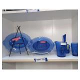 BLUE GLASS DECOR INCLUDING MOUNT VERNON PLATES, SHIRLEY TEMPLE SMALL PITCHER, AND MORE