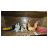 PRECIOUS MOMENTS FIGURINES, MID-CENTURY GLAZED CERAMIC DACHSHUND DOG PLANTER, AND MORE ON SHELF MARKED 1498